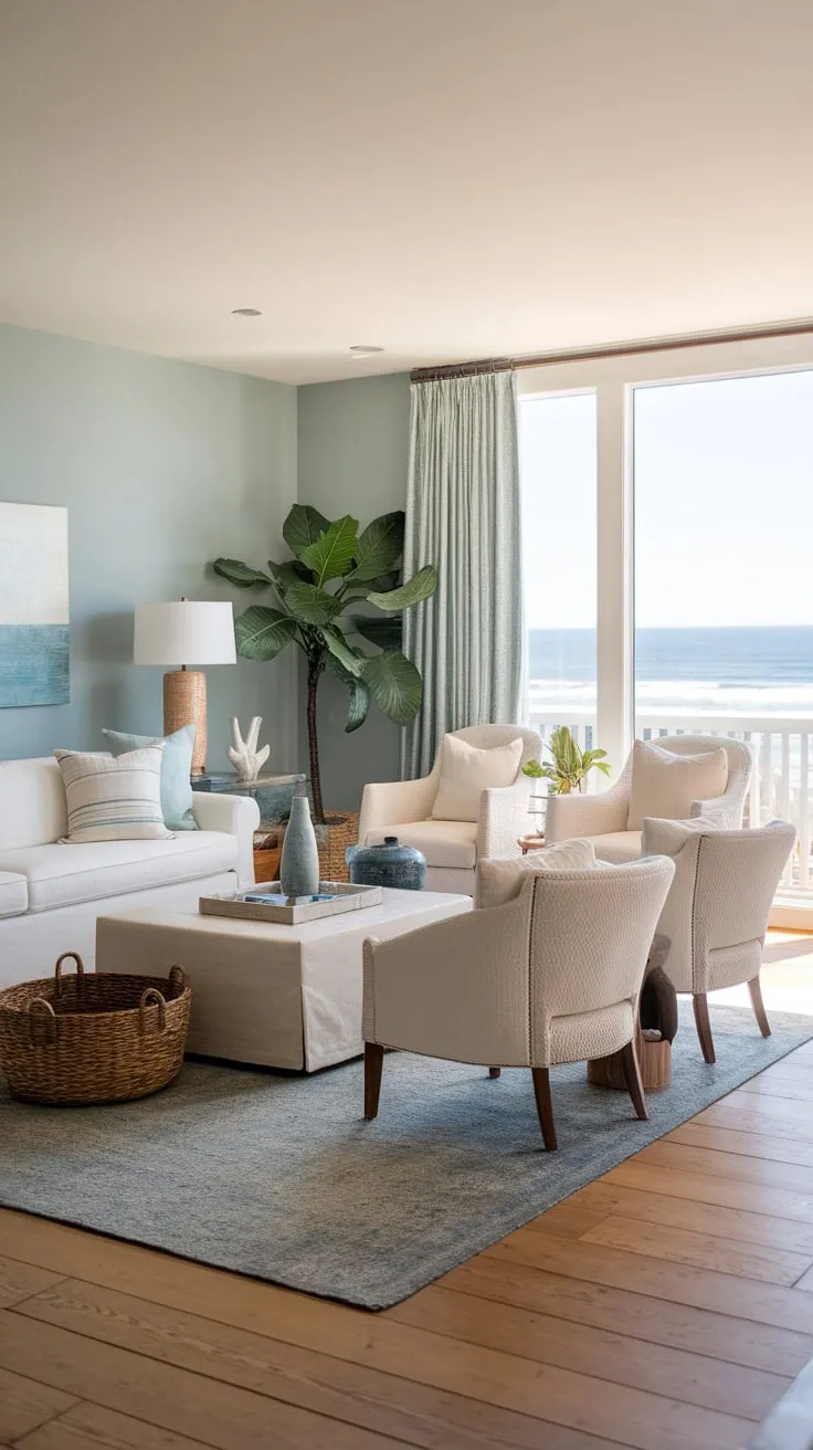 Ocean views and light blue walls create a serene California coastal living room, perfectly complemented by white furnishings and natural wood floors.