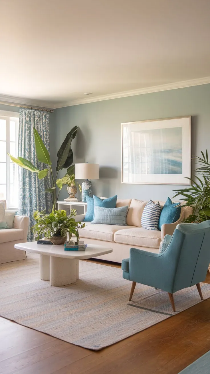 Relaxed California beach house vibes fill a coastal living room with a beige sofa, blue chair, and soft blue walls.