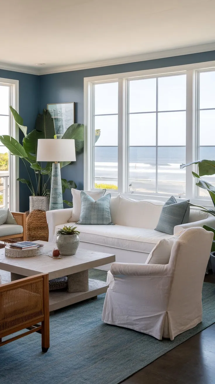 A white sofa, potted plants, and a rug complete the relaxed coastal vibe of this airy living space.