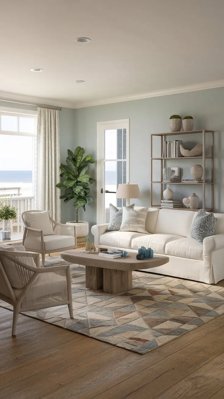 White sofas and light blue walls define this airy California coastal living room, complemented by wooden floors and a patterned rug.