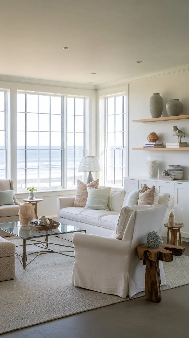 California beach house living room boasts ocean views through large windows, complemented by white walls and relaxed coastal furnishings.