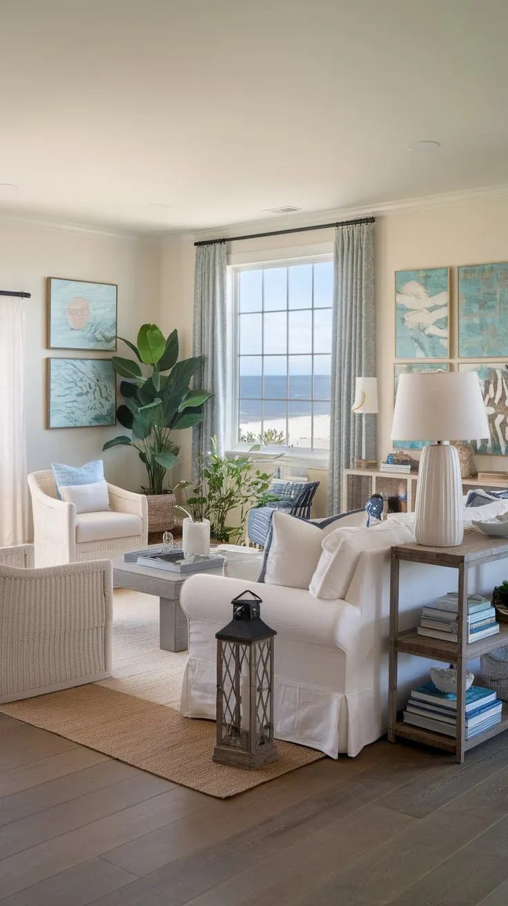 A sun-drenched living room showcases coastal charm with ocean vistas and nautical accents.