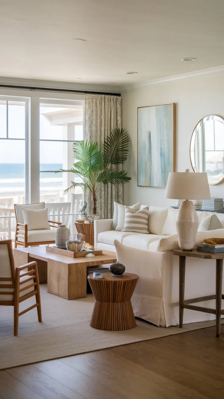 A bright, airy beach house living room offers stunning ocean vistas complemented by natural wood and calming décor.