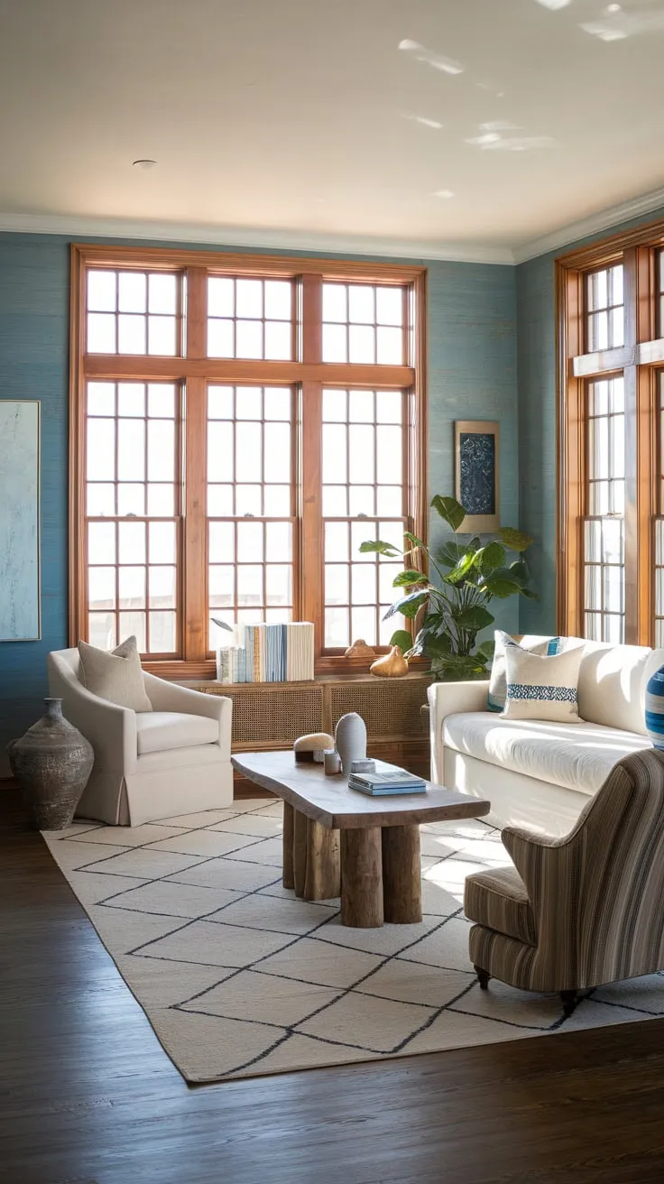 A California beach house living room basks in natural light, showcasing a relaxed coastal style with a white sofa, blue walls, and dark wood floors.