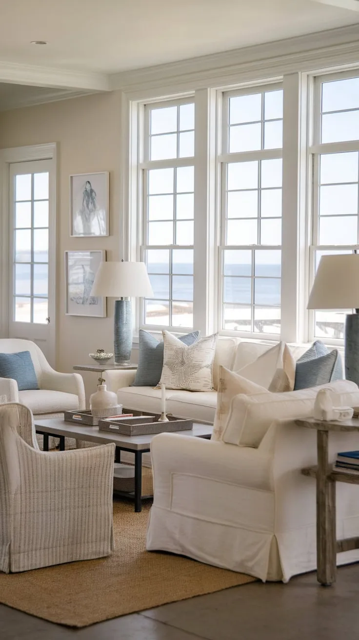 Ocean views and soft light illuminate a calming coastal living room, perfect for relaxing beachside.
