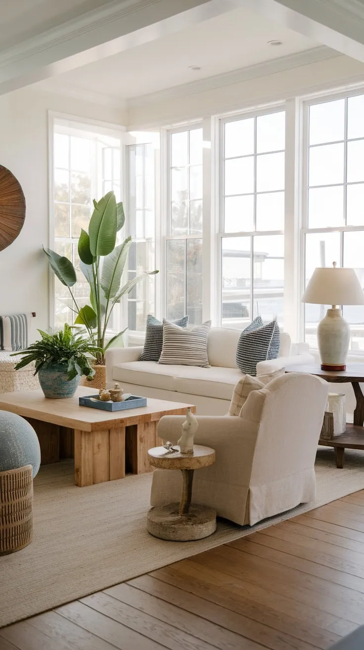 A bright, airy coastal living room showcases a calming beach house aesthetic with white furniture and natural light.