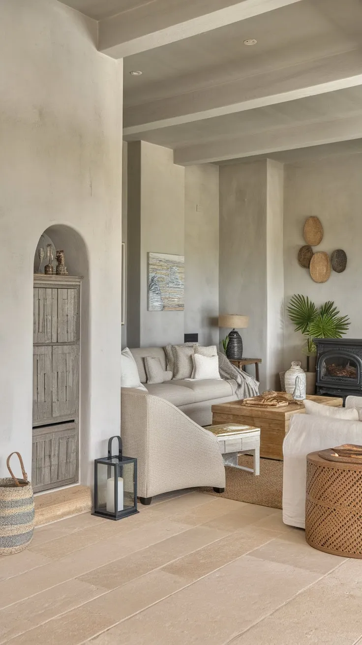 A California beach house living room evokes coastal serenity with its beige sofa, wood stove, and light gray walls, complemented by natural textures and accents.