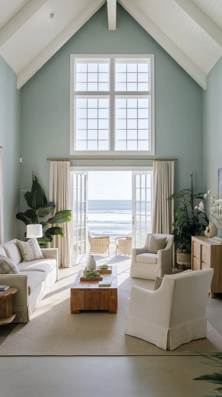 Ocean views and calming coastal décor create a serene California beach house living room.