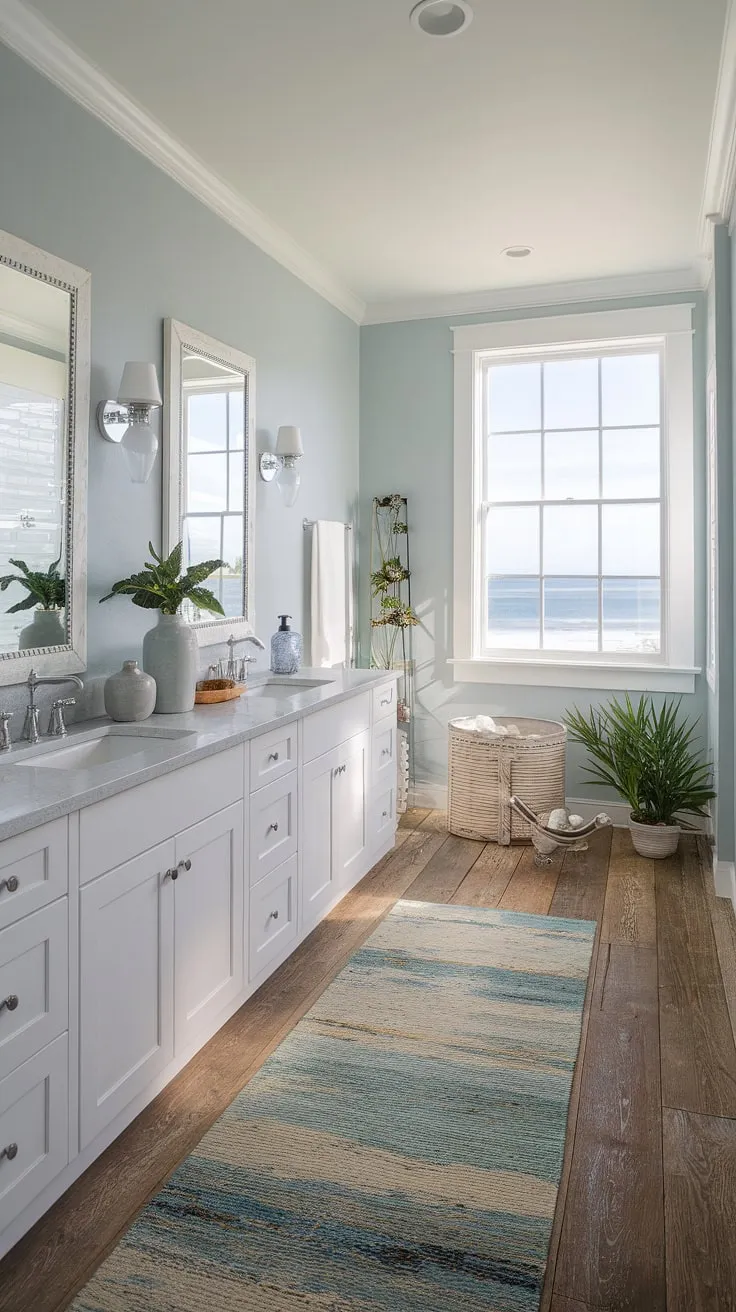 Indulge in the serenity of this coastal master bathroom.  The master bath remodel showcases a modern beach cottage bathroom aesthetic, offering a perfect blend of coastal bathroom design and relaxed elegance.  Find inspiration for your own beach master bath ideas here.