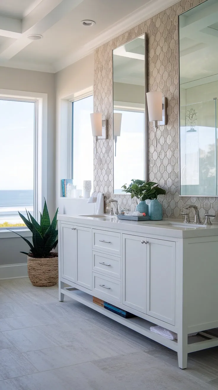 Indulge in the serenity of this coastal master bathroom.  The master bath remodel showcases a modern beach cottage bathroom aesthetic, offering inspiration for your own beach master bath ideas.  This coastal bathroom design perfectly blends relaxed coastal living with sophisticated modern style.
