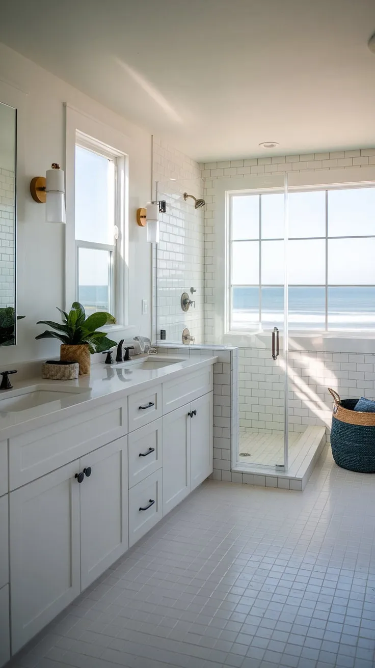 Transform your bathroom into a coastal sanctuary with this stunning master bath remodel coastal design.  This modern beach cottage bathroom showcases the best in coastal bathroom design, offering a perfect blend of style and relaxation. Explore the possibilities for your own beach master bath ideas.