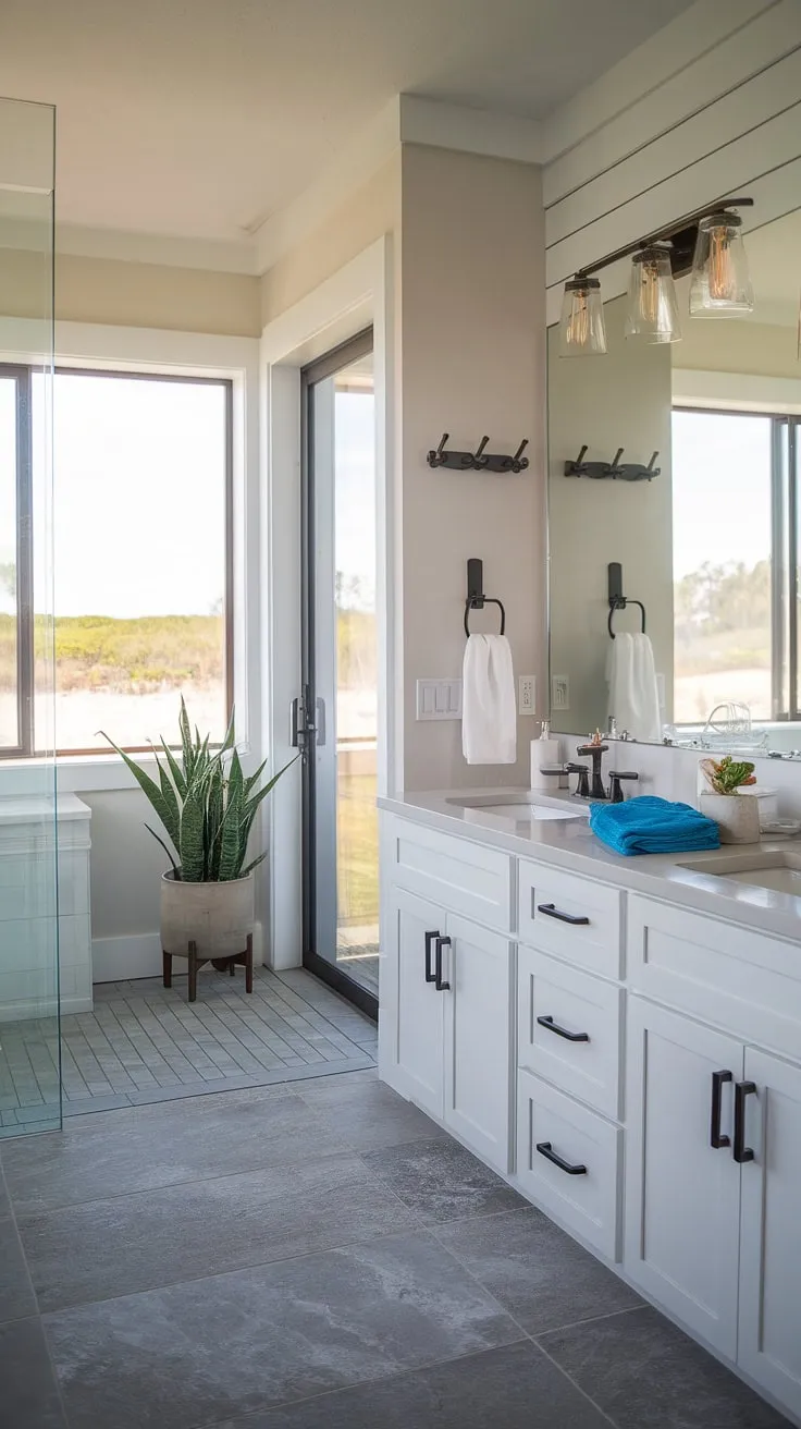 Transform your bathroom into a coastal oasis with this stunning master bath remodel coastal design.  This modern beach cottage bathroom showcases the epitome of coastal bathroom design, offering a relaxing retreat by the sea. Explore these beach master bath ideas for your next project.
