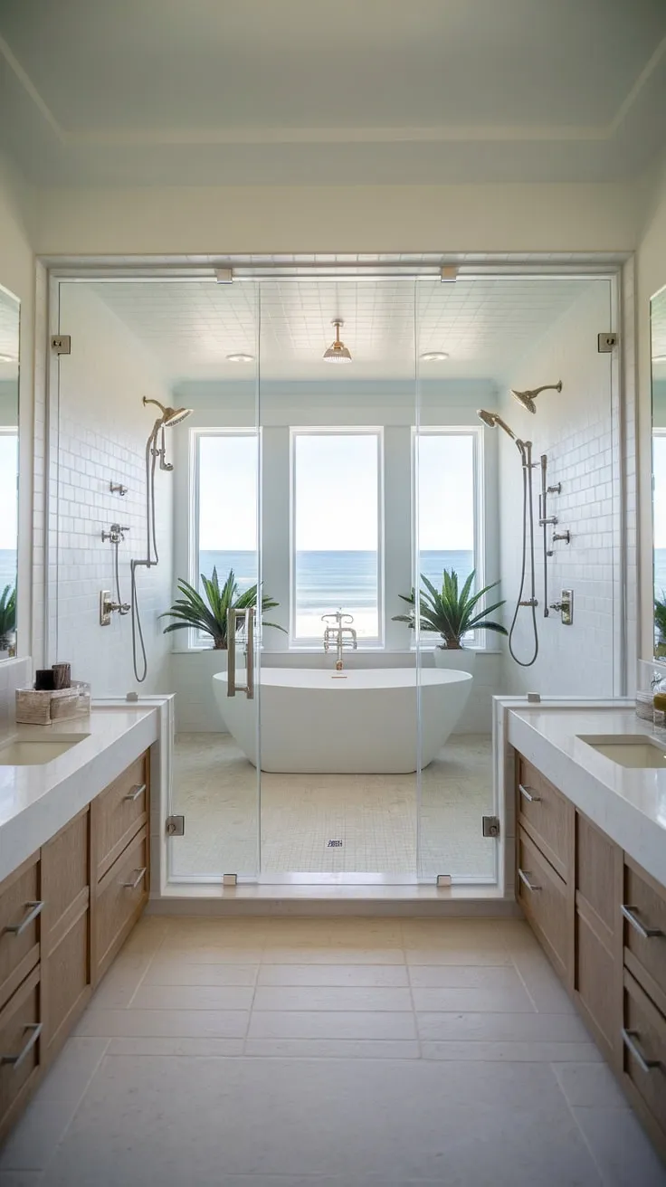 Transform your bathroom into a coastal sanctuary with this stunning master bath remodel coastal design.  This modern beach cottage bathroom showcases the epitome of coastal bathroom design, offering a relaxing retreat by the sea. Explore endless beach master bath ideas with this inspiring space.
