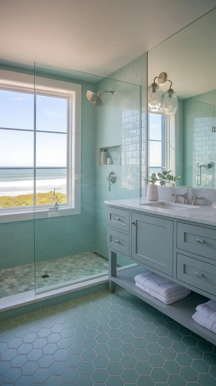 Indulge in the serene escape of this coastal master bathroom.  The perfect blend of modern beach cottage bathroom design and master bath remodel coastal style creates a tranquil oasis.  Find inspiration for your own beach master bath ideas here.
