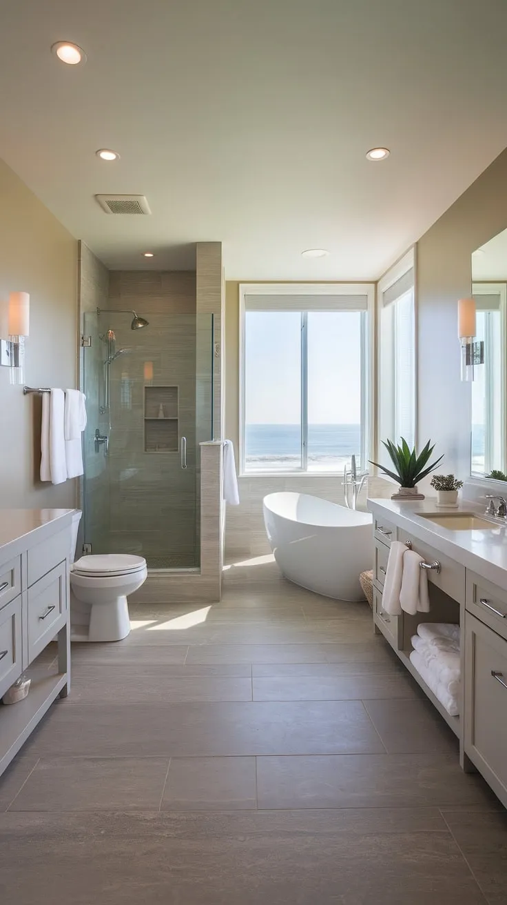 Indulge in the serene escape of this coastal master bathroom.  The perfect blend of modern beach cottage style and coastal bathroom design makes this master bath remodel a true coastal oasis.  Find inspiration for your own beach master bath ideas here.