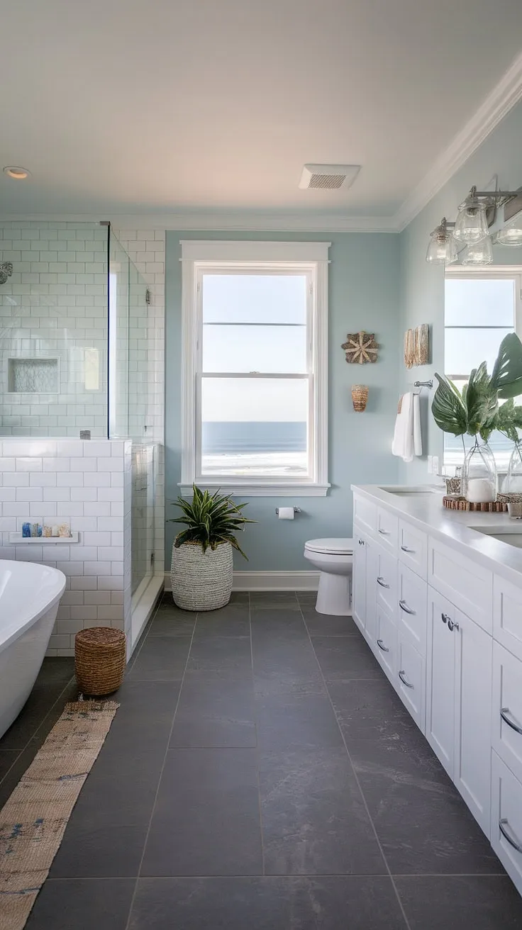 Transform your bathroom into a coastal sanctuary with this stunning master bath remodel coastal design.  This modern beach cottage bathroom showcases the epitome of coastal bathroom design, offering a refreshing and relaxing retreat. Explore the possibilities for your own beach master bath ideas.