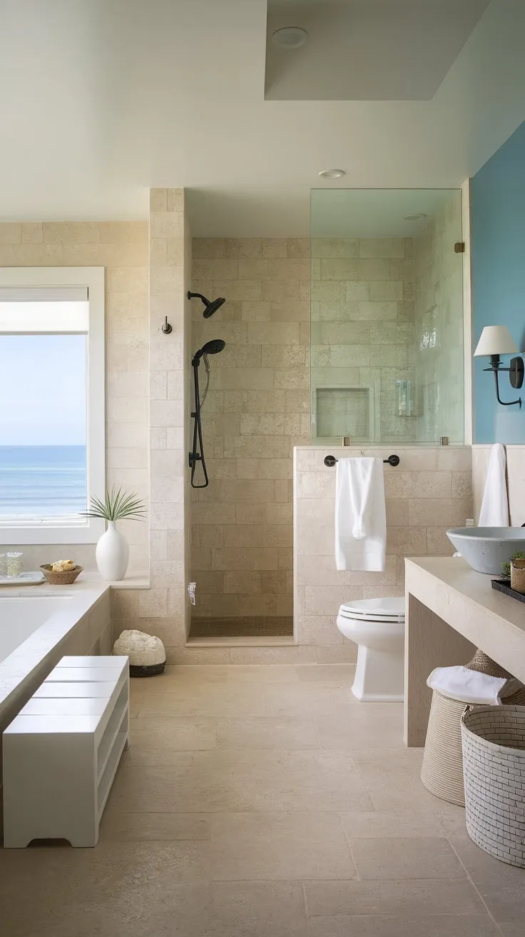 Escape to tranquility in this coastal master bathroom.  The perfect blend of modern beach cottage bathroom design and master bath remodel coastal style offers a serene retreat.  Find inspiration for your own beach master bath ideas here.