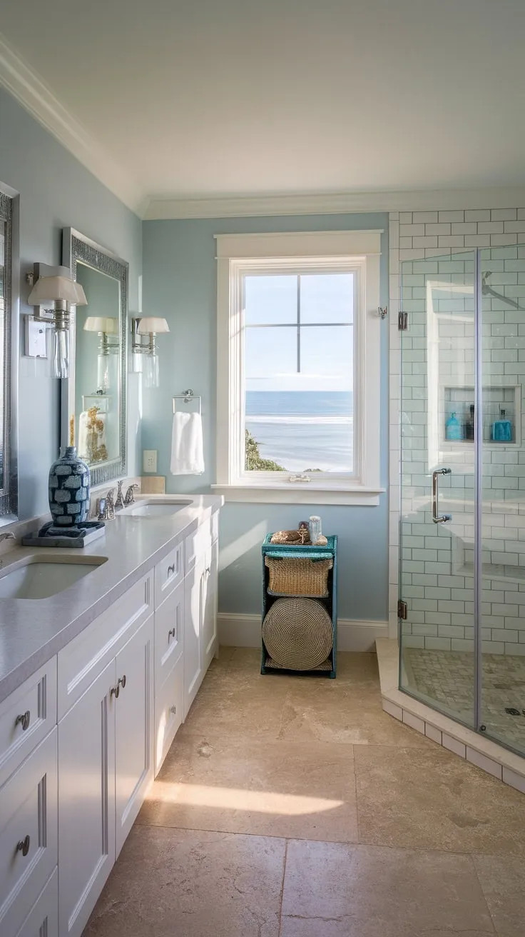 Indulge in the serenity of this coastal master bathroom.  The remodel perfectly blends modern beach cottage bathroom aesthetics with a sophisticated coastal bathroom design, offering a wealth of beach master bath ideas for your own coastal escape.