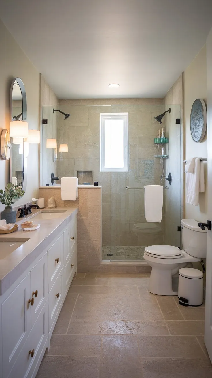 This coastal bathroom design is the epitome of relaxed coastal living.  Imagine unwinding in this modern beach cottage bathroom after a day at the beach.  Get inspired by these master bath remodel coastal ideas for your own beach master bath.