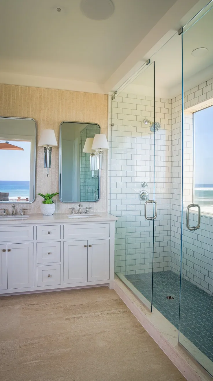 Transform your bathroom into a coastal oasis with this stunning master bath remodel coastal design.  This modern beach cottage bathroom showcases the epitome of coastal bathroom design, offering a wealth of beach master bath ideas for your next project.