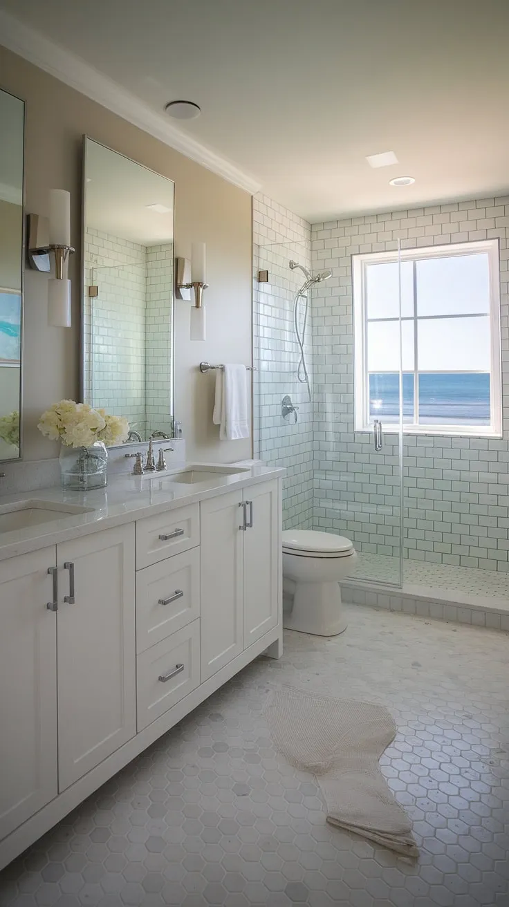 This coastal bathroom design is the epitome of coastal master bathroom luxury.  A modern beach cottage bathroom, this master bath remodel effortlessly blends style and functionality, offering the ultimate escape.