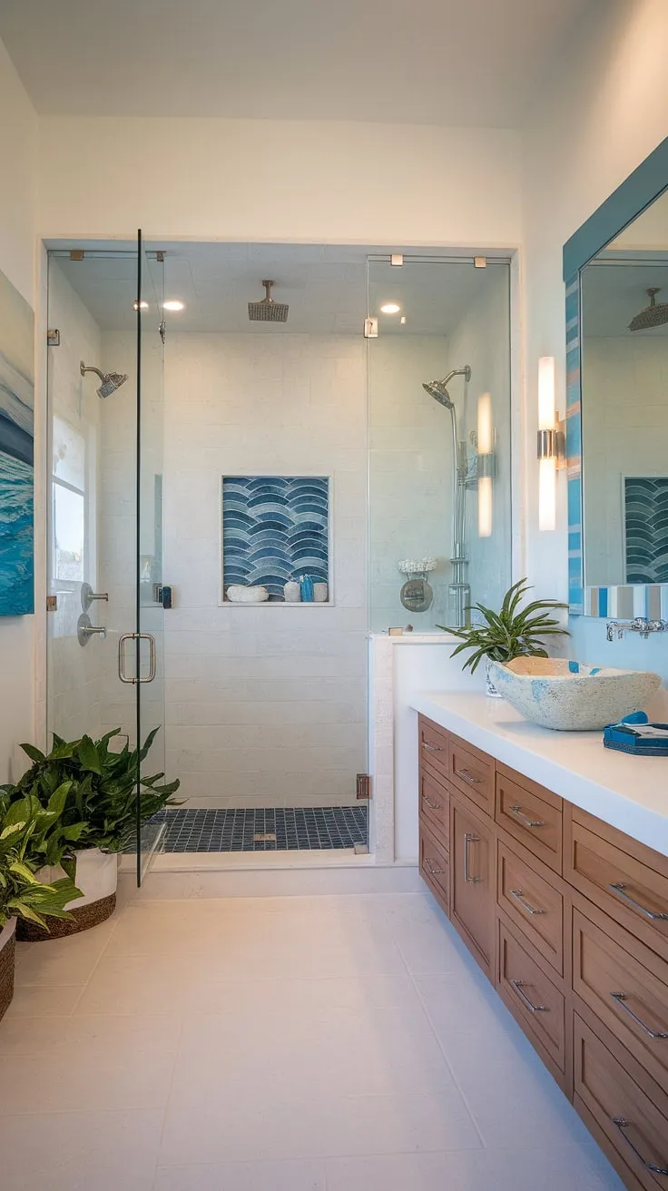 Indulge in the serenity of this coastal master bathroom.  The perfect blend of modern beach cottage bathroom style and coastal bathroom design makes this master bath remodel coastal dream a reality.  Find inspiration for your own beach master bath ideas here.