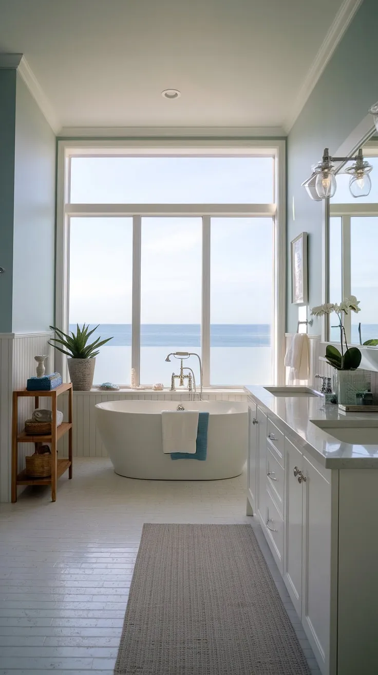 Transform your bathroom into a coastal oasis with this stunning master bath remodel coastal design.  This modern beach cottage bathroom showcases the epitome of coastal bathroom design, offering a relaxing retreat by the sea. Explore the possibilities for your own beach master bath ideas.