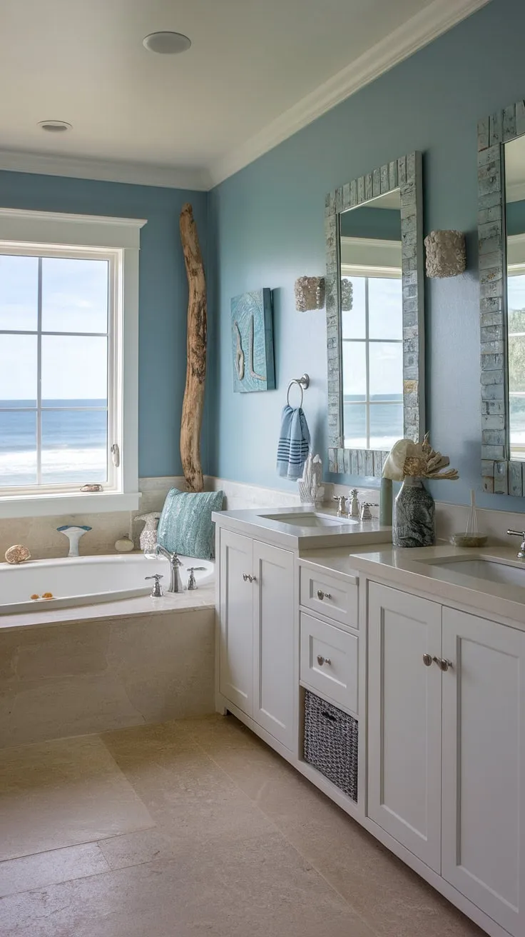 Escape to tranquility in this coastal master bathroom.  Driftwood accents and ocean views create the perfect modern beach cottage bathroom, offering inspiration for your own master bath remodel coastal. This coastal bathroom design is the epitome of serene coastal living.