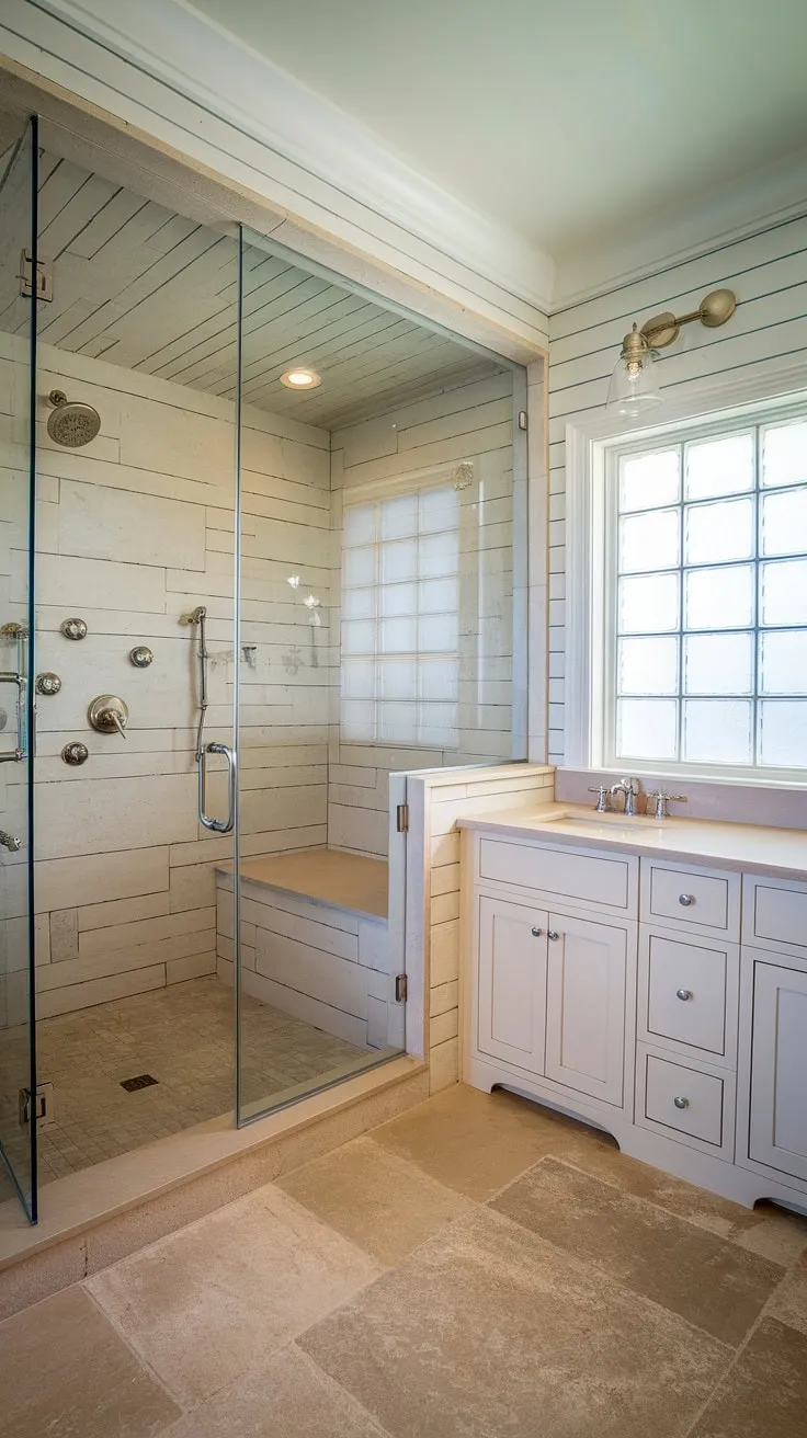Transform your bathroom into a coastal oasis with this stunning master bath remodel coastal.  This modern beach cottage bathroom showcases the best in coastal bathroom design, providing inspiration for your own beach master bath ideas.