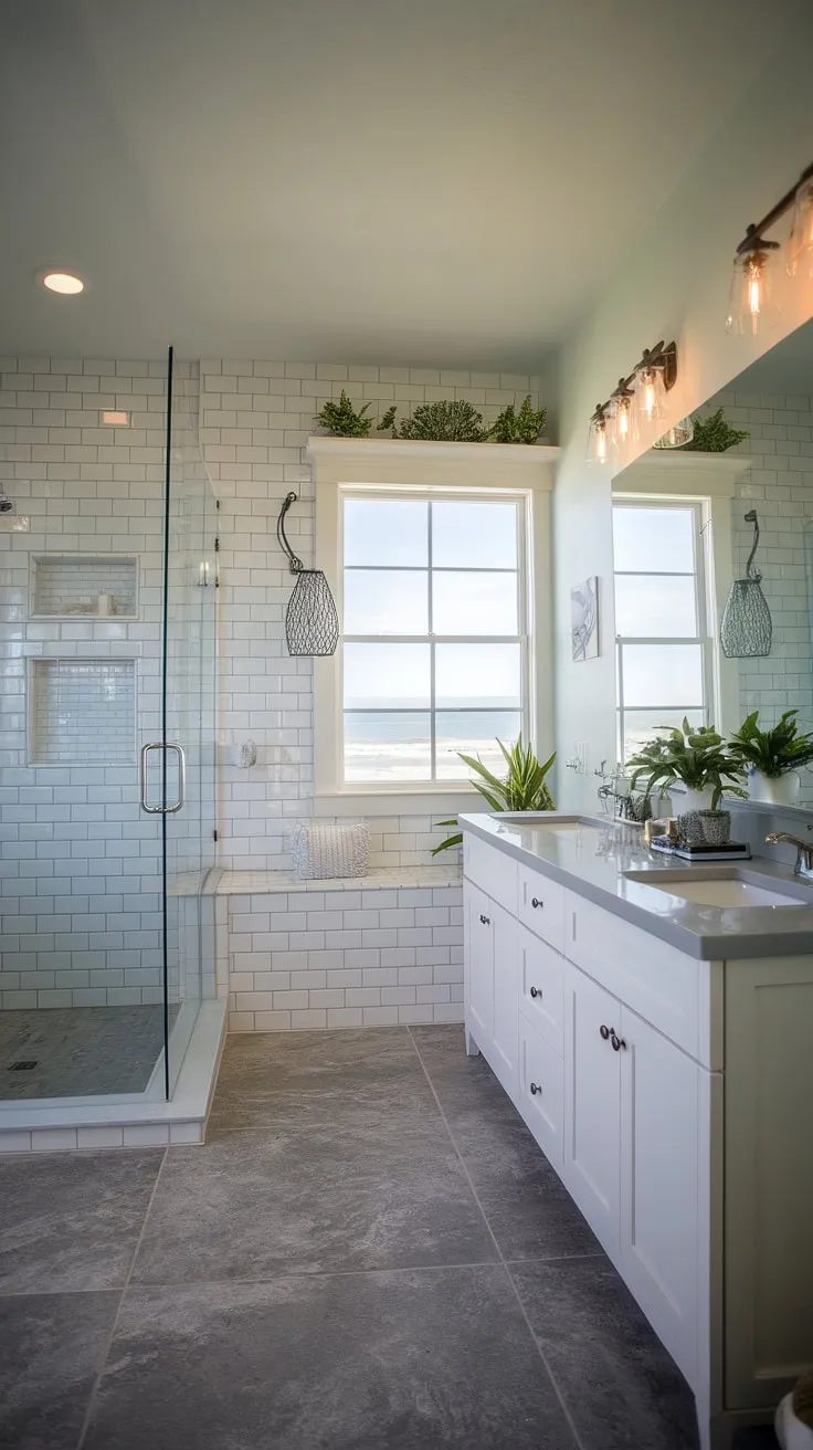 Transform your bathroom into a coastal oasis with this stunning master bath remodel coastal design.  This modern beach cottage bathroom showcases the epitome of coastal bathroom design, offering a relaxing retreat by the sea. Explore these beach master bath ideas for your next project.