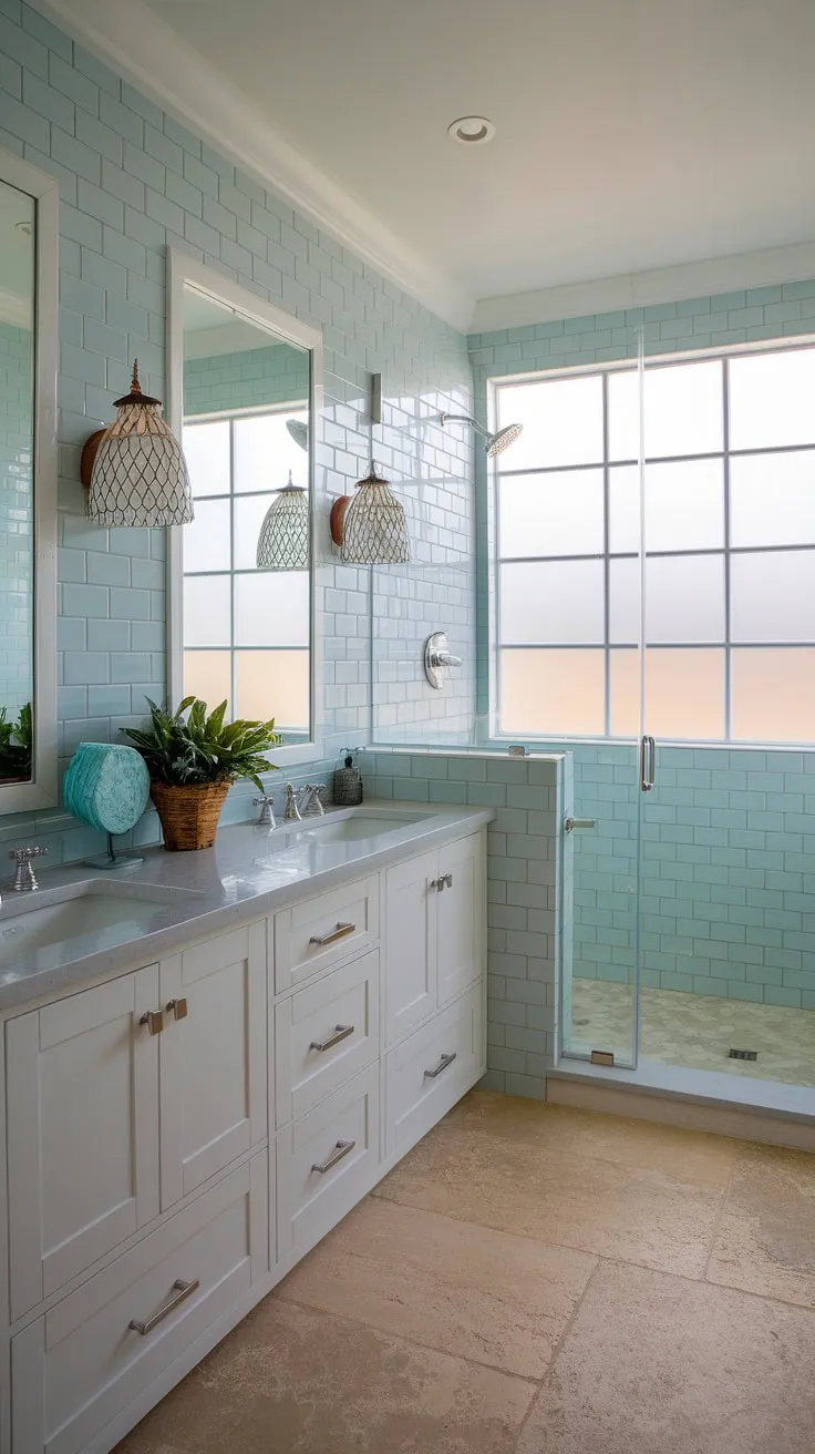 Indulge in the serene escape of this coastal master bathroom.  The perfect blend of modern beach cottage bathroom design and master bath remodel coastal style creates a tranquil oasis.  Find inspiration for your own beach master bath ideas here.