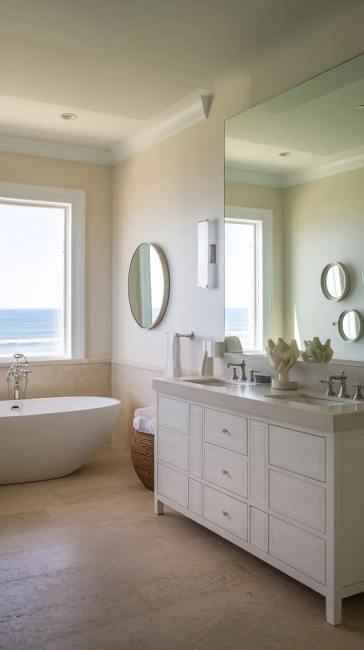 Transform your bathroom into a coastal oasis with this stunning master bath remodel coastal design.  This modern beach cottage bathroom showcases the best in coastal bathroom design, offering a perfect blend of style and relaxation. Explore the possibilities for your own beach master bath ideas.