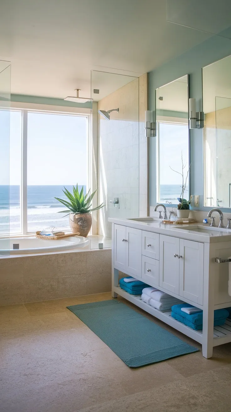 Indulge in the serenity of this coastal master bathroom.  The remodel seamlessly blends modern beach cottage bathroom aesthetics with sophisticated coastal bathroom design, offering a wealth of inspiration for your own beach master bath ideas.
