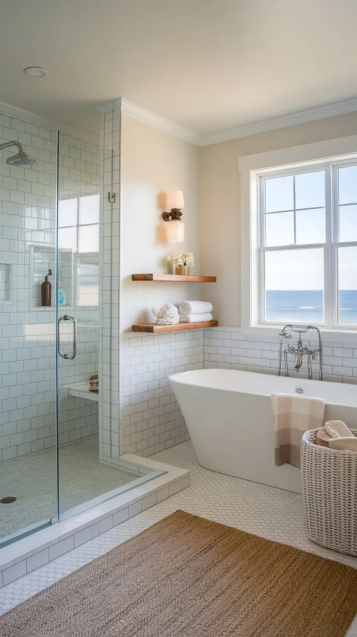 Transform your bathroom into a coastal oasis with this stunning master bath remodel coastal design.  This modern beach cottage bathroom showcases the epitome of coastal bathroom design, offering a serene and stylish retreat. Explore the possibilities for your own beach master bath ideas.