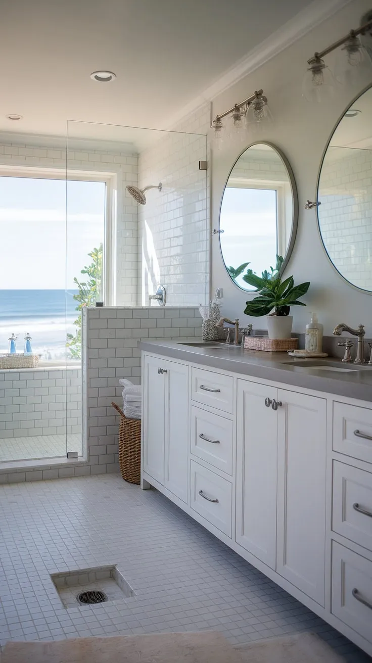 Indulge in the serenity of this coastal master bathroom.  The master bath remodel showcases a modern beach cottage bathroom aesthetic, offering inspiration for your own beach master bath ideas.  This coastal bathroom design perfectly blends relaxed coastal vibes with sophisticated modern elements.