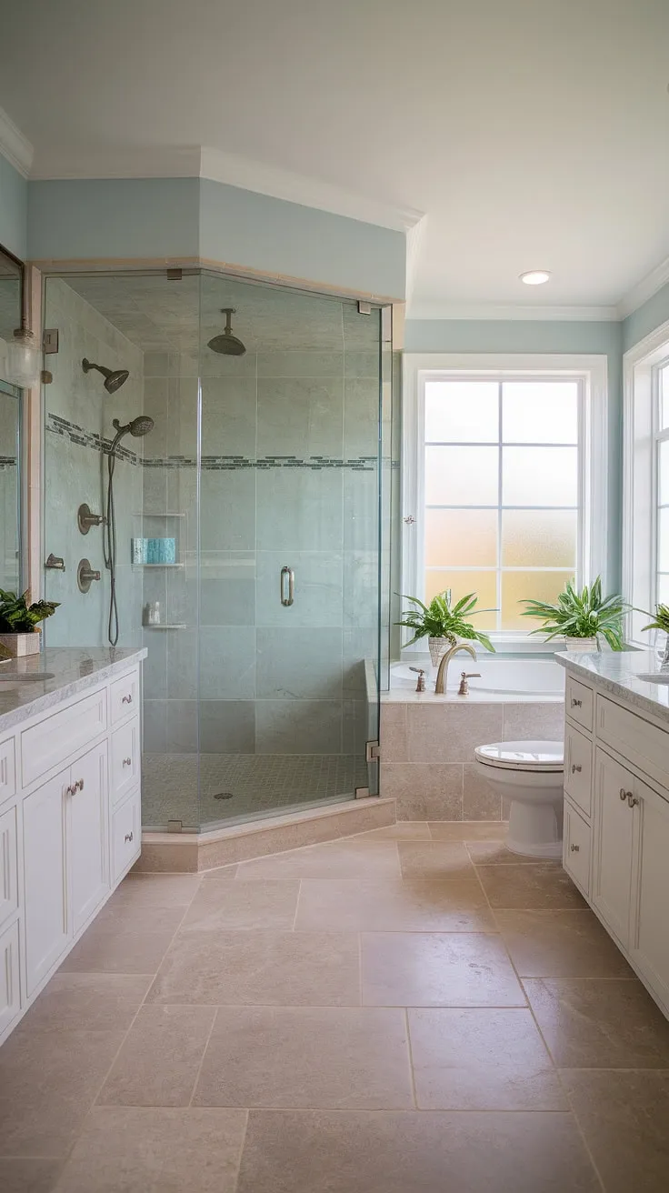 Indulge in the serenity of this coastal master bathroom.  The perfect blend of modern beach cottage bathroom design and master bath remodel coastal style creates a tranquil escape.  Find inspiration for your own beach master bath ideas here.