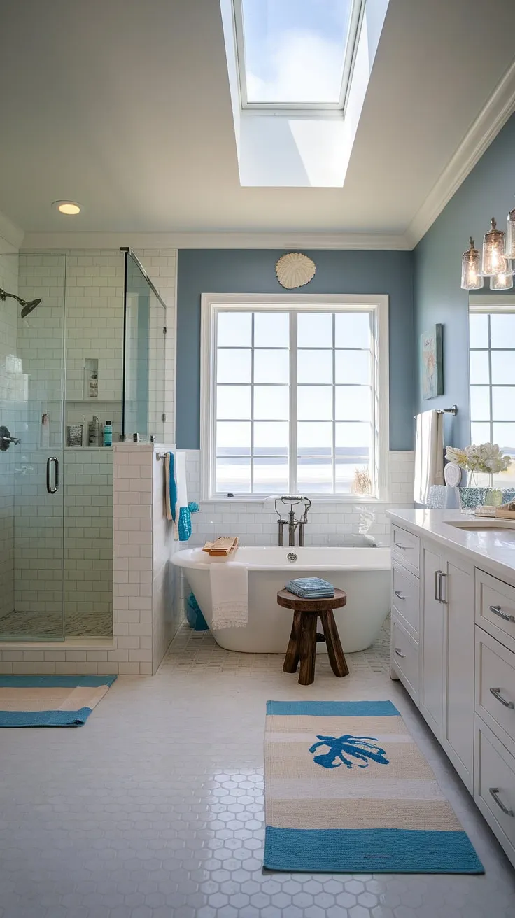 Transform your bathroom into a coastal oasis with this stunning master bath remodel coastal.  This modern beach cottage bathroom showcases the best in coastal bathroom design, providing inspiration for your own beach master bath ideas.