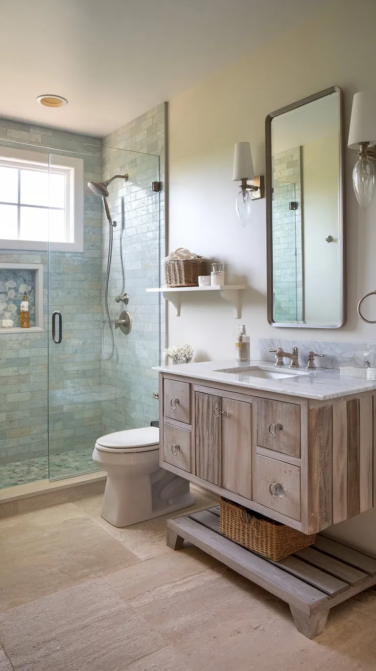 Transform your bathroom into a tranquil coastal retreat. This modern beach cottage bathroom showcases the best of coastal bathroom design, from the sea glass shower tiles to the rustic-chic reclaimed wood vanity.  Get inspired for your master bath remodel coastal with this dreamy space, perfect for those seeking beach master bath ideas that are both stylish and serene. This coastal master bathroom is the epitome of relaxation.