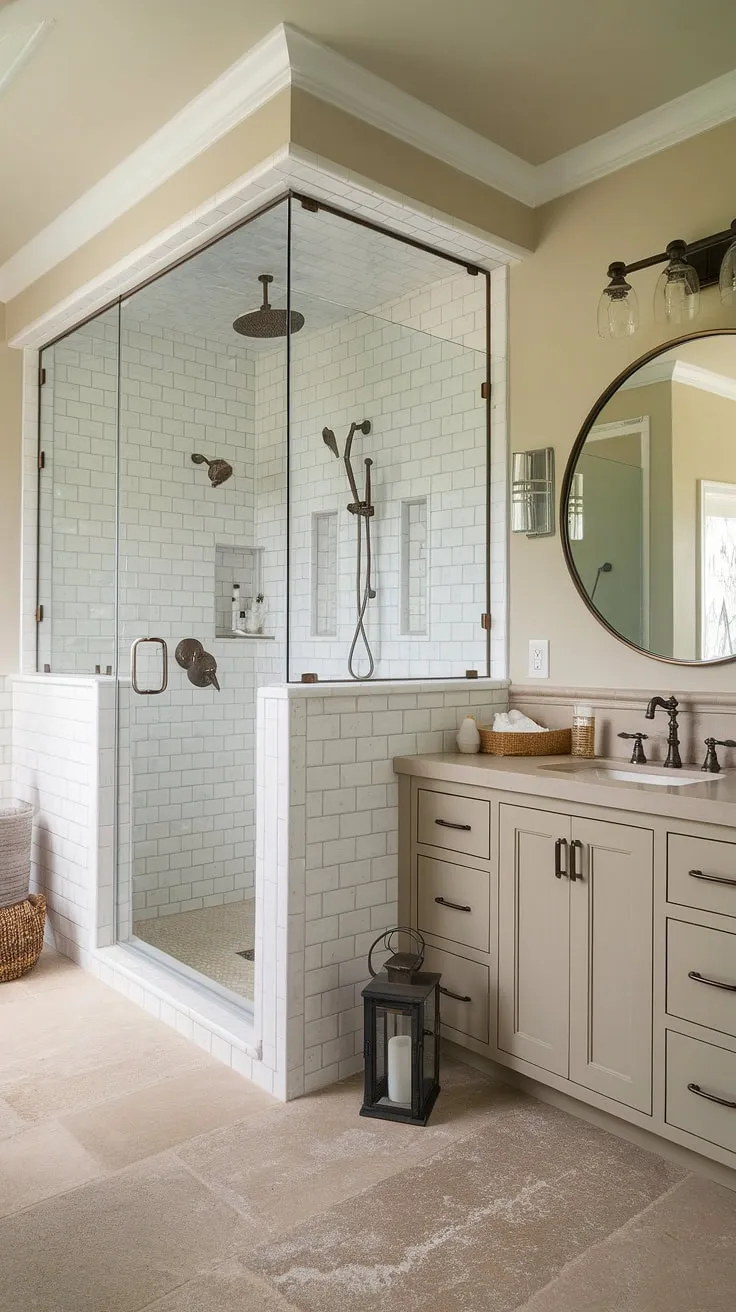 Transform your master bath into a tranquil coastal retreat.  This modern beach cottage bathroom showcases the best of beach master bath ideas, from the glass-enclosed shower to the sophisticated coastal bathroom design elements.  Consider this your ultimate guide for a master bath remodel coastal.