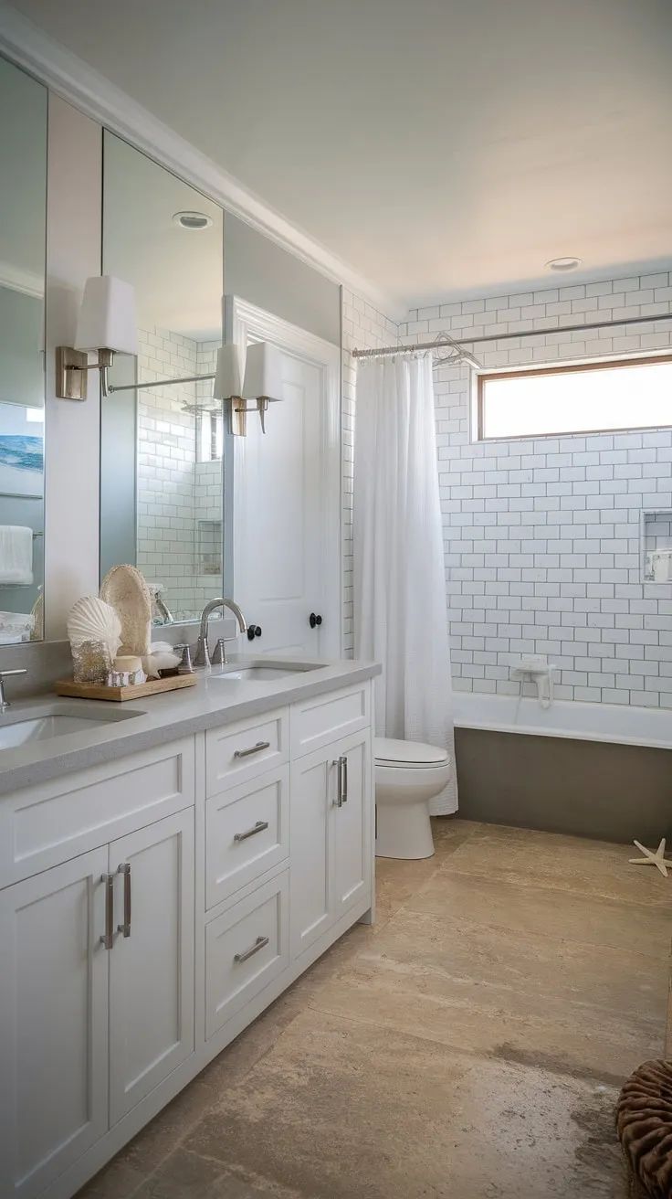 This coastal master bathroom is the epitome of modern beach cottage bathroom style.  From the calming grey bathtub to the thoughtful coastal bathroom design details, this master bath remodel coastal showcases inspiring beach master bath ideas for your own coastal retreat.