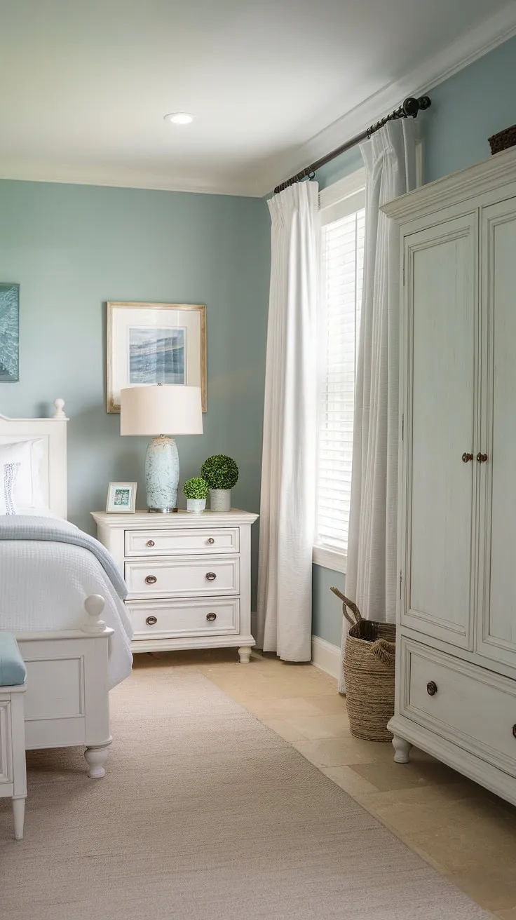 Escape to tranquility in this beach theme bedroom.  This coastal interior design bedroom boasts a calming palette and effortless style, making it the perfect coastal master bedroom retreat.  The simple elegance of the white furniture and light blue walls creates a space reminiscent of Hampton coastal style bedroom ideas, while still feeling cozy and inviting, ideal for spring summer bedroom decor and perfect for lake house guest room ideas.  This Ikea coastal bedroom is a testament to the beauty of coastal grandma decor.