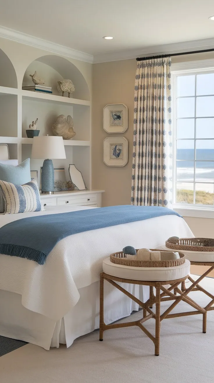 Wake up to the calming sounds of the ocean in this coastal master bedroom.  The cottage coastal bedroom design, featuring Hampton coastal style ideas and Ikea finds, creates a serene space perfect for spring and summer.  Think coastal grandma decor meets lake house guest room inspiration – pure coastal interior design bliss.