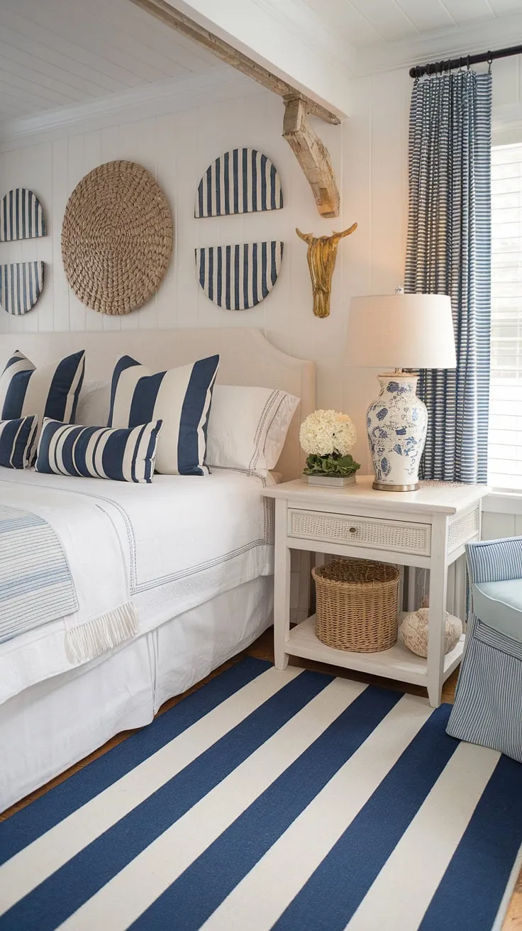 Imagine waking up in this dreamy beach theme bedroom.  This coastal master bedroom showcases a perfect blend of cottage coastal style and Hampton coastal style bedroom ideas, making it an idyllic lake house guest room. The light and airy space, featuring Ikea-inspired furniture and coastal grandma decor, is the ultimate in spring summer bedroom decor and provides inspiration for your own coastal interior design bedroom.