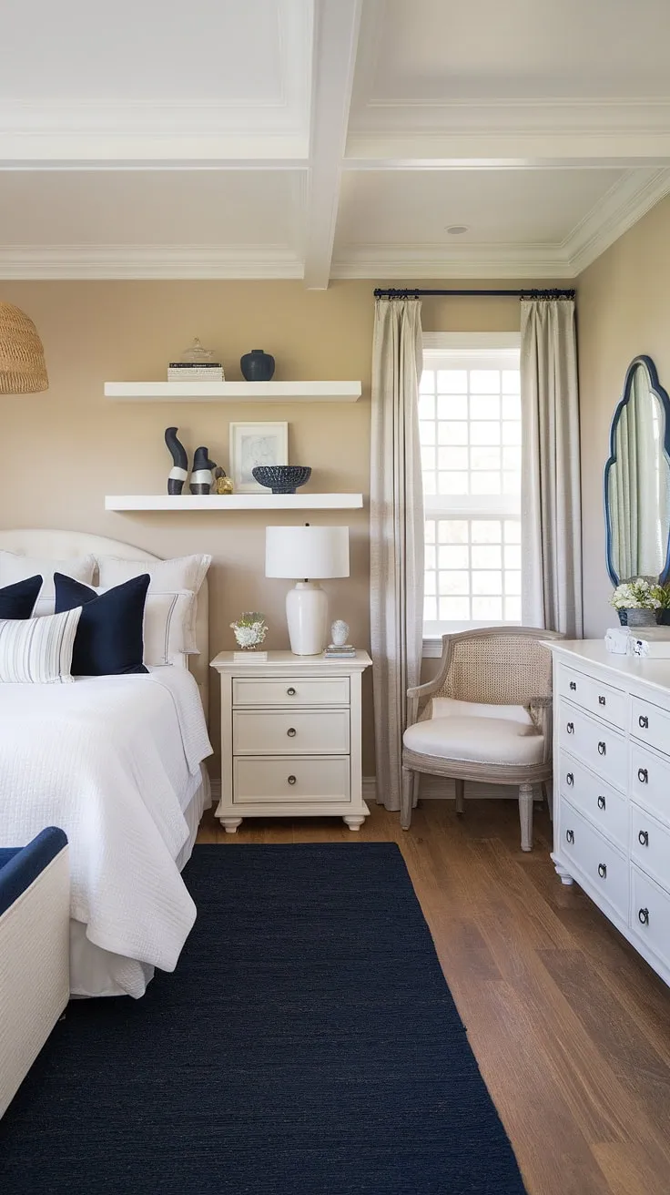 Wake up to the calming sounds of the ocean in this coastal master bedroom.  The cottage coastal bedroom design, featuring Hampton coastal style ideas and Ikea finds, creates a serene space perfect for spring and summer.  Think coastal grandma decor meets lake house guest room ideas – pure coastal interior design bliss.