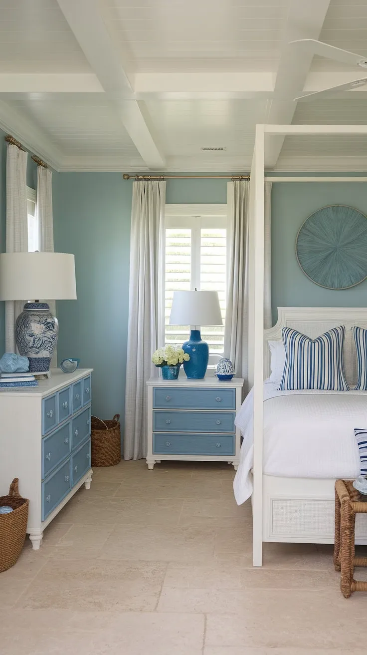 Escape to this beach theme bedroom, a haven of coastal interior design.  This cottage coastal bedroom boasts a charming Hampton coastal style, effortlessly blending Ikea pieces with coastal grandma decor. Ideal for spring summer bedroom decor, it's the perfect lake house guest room or coastal master bedroom retreat.