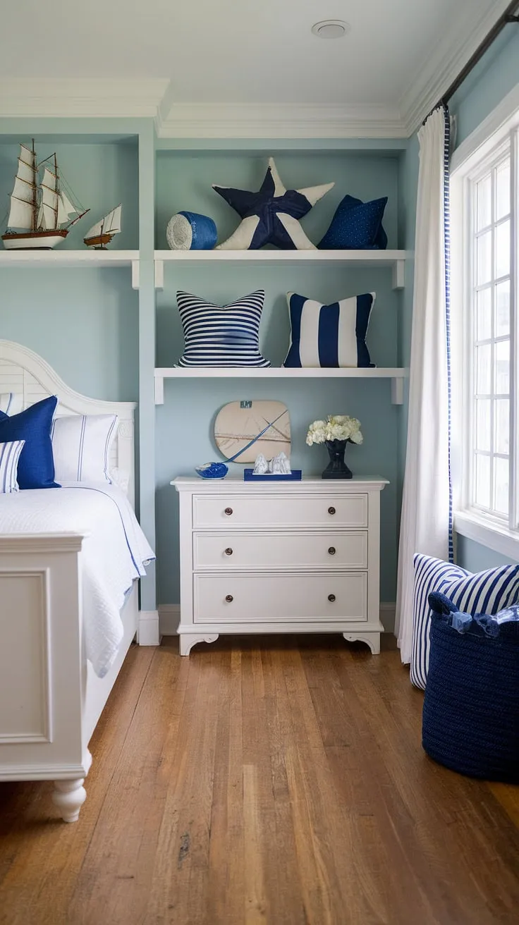 Wake up to the sound of waves in this dreamy coastal master bedroom.  The perfect blend of cottage coastal charm and Hampton style, this space effortlessly incorporates coastal grandma decor with Ikea finds for a relaxed, spring summer bedroom aesthetic that would also be ideal as a lake house guest room.