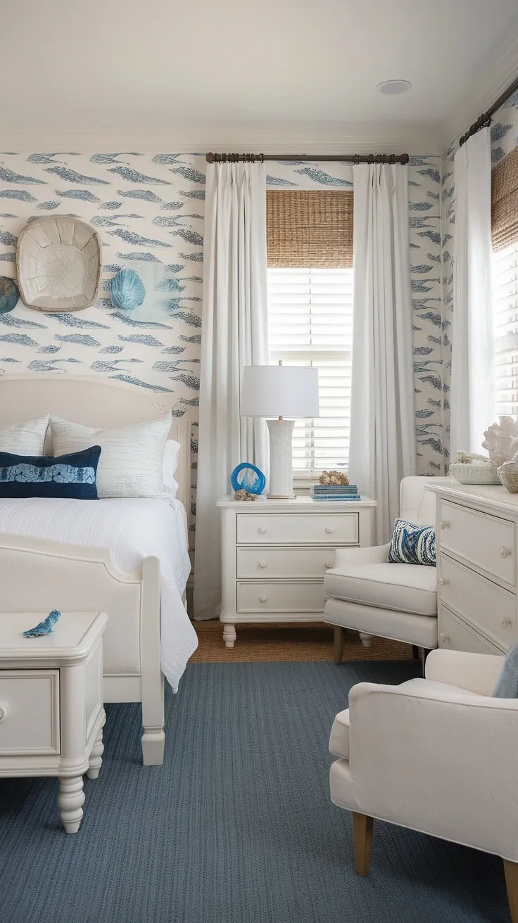 Wake up to the sound of waves in this dreamy coastal master bedroom.  The perfect blend of cottage coastal charm and Hampton style, this space effortlessly incorporates Ikea finds with coastal grandma decor for a relaxed, inviting atmosphere.  Ideal for spring and summer, it's equally suited as a beach theme bedroom or a lake house guest room, showcasing the best in coastal interior design bedroom ideas.