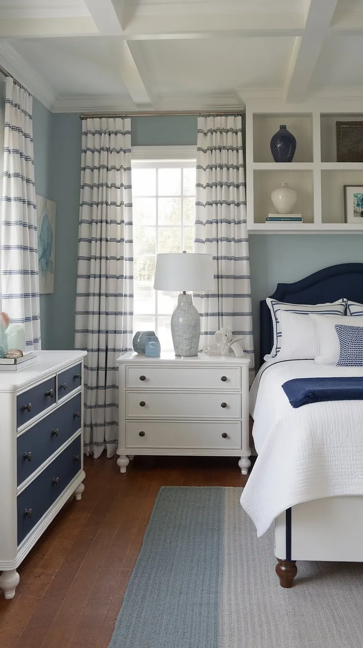 Escape to this beach theme bedroom, a haven of coastal interior design.  This cottage coastal bedroom boasts a Hampton coastal style, effortlessly blending Ikea pieces with coastal grandma decor. Ideal for spring summer bedroom decor, and perfect as a lake house guest room.