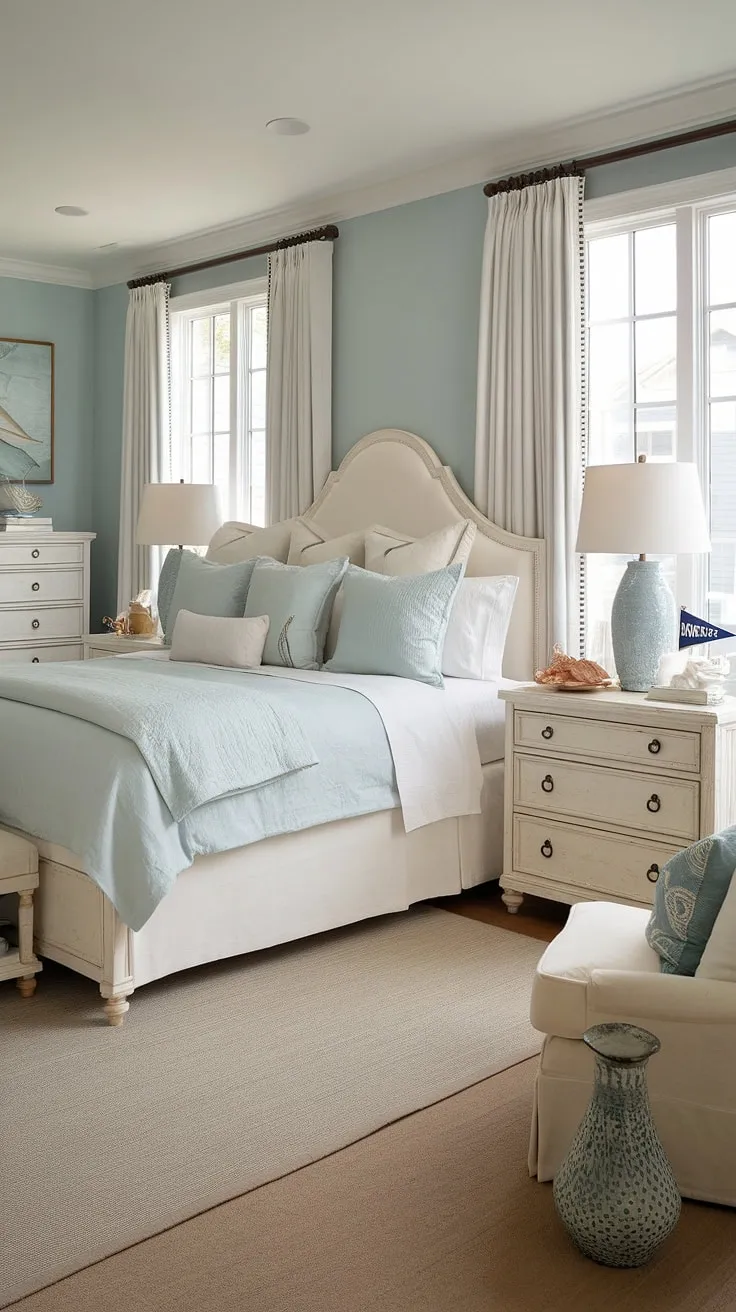Wake up to the calming sounds of the ocean in this coastal master bedroom.  The cottage coastal bedroom design, featuring Hampton coastal style ideas and Ikea finds, creates a serene space perfect for spring and summer.  Think coastal grandma decor meets lake house guest room charm – the ultimate coastal interior design bedroom escape.