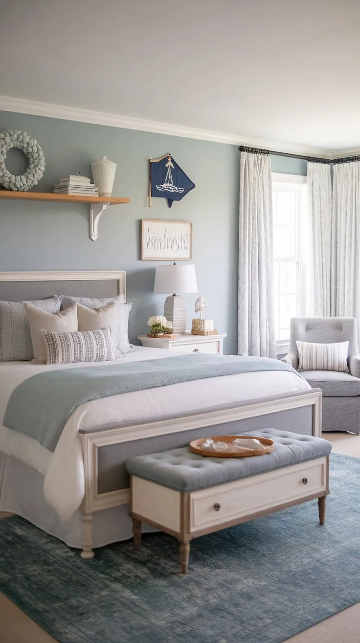Dreamy Hampton coastal style bedroom ideas come to life in this light-filled coastal master bedroom.  The beach theme is subtly woven throughout, from the grey and white bedding to the charming coastal grandma decor.  This cottage coastal bedroom, easily achievable with Ikea pieces, is the epitome of spring summer bedroom decor.